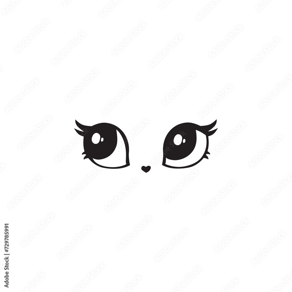 Illustration of cute cat eyes, kitten. Baby, child, cute portrait. Little face, little animal, pet. White character, black graphic. Stickers, wall art, kids room decoration, cutie full face
