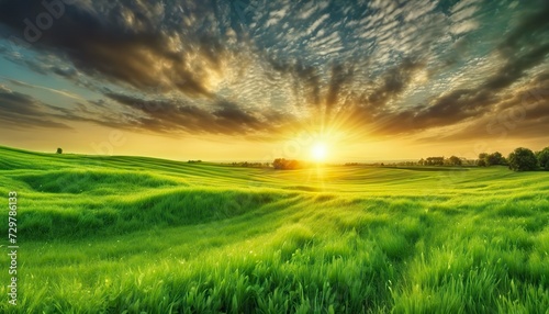 a sunset over a green field with the sun shining through the clouds and the sun shining through the leaves, wind moving green grass, panoramic view, summer scenery