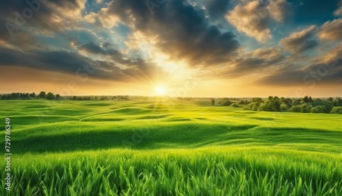 a sunset over a green field with the sun shining through the clouds and the sun shining through the leaves, wind moving green grass, panoramic view, summer scenery