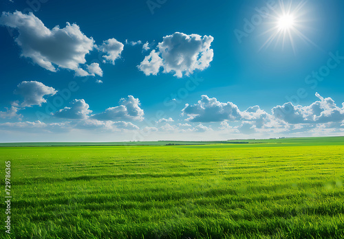 beautiful blue sky with a green field