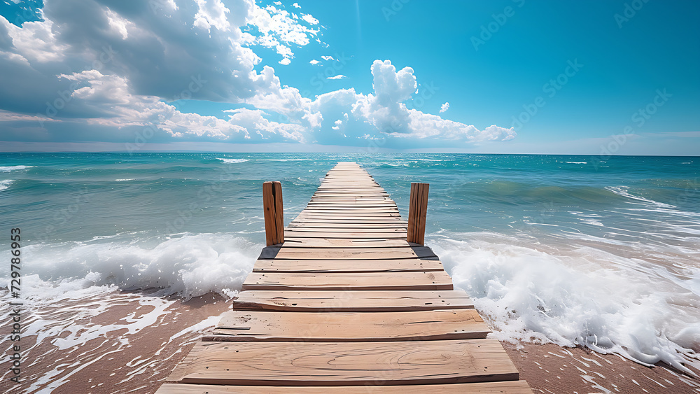 View of white sand beach with wooden pier. - obrazy, fototapety, plakaty 