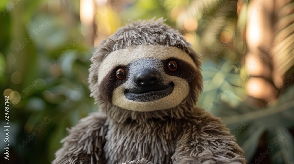 Obraz premium Stuffed sloth animal in soft furry plush. Cute and adorable animal toy.