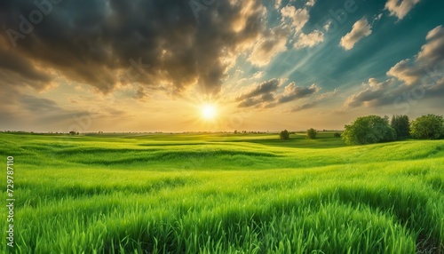 a sunset over a green field  with the sun shining through the clouds and the sun shining through the leaves   wind moving green grass  panoramic view  summer scenery