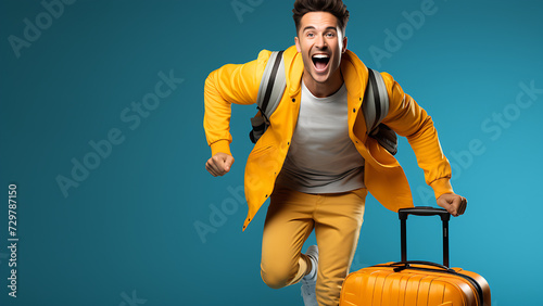Traveling concept with happy man on blue background.