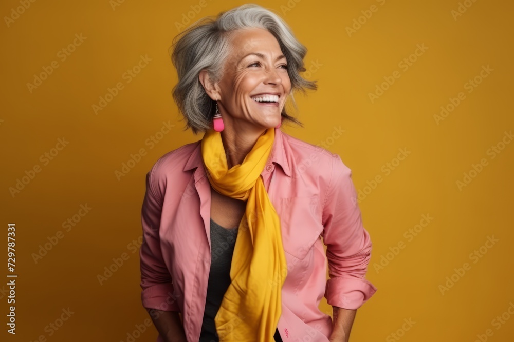 Portrait of a happy senior woman smiling over yellow background, studio shot Portrait of a happy senior woman smiling over yellow background, studio shot