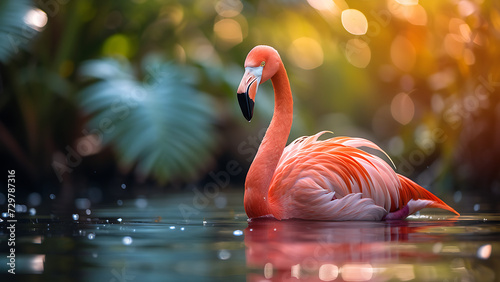 Flamingo standing in water in tropical garden.