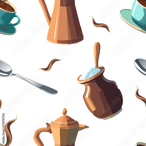 Coffee Cup, Pot, Sugar Bowl and Spoon in a Seamless Repeat Pattern