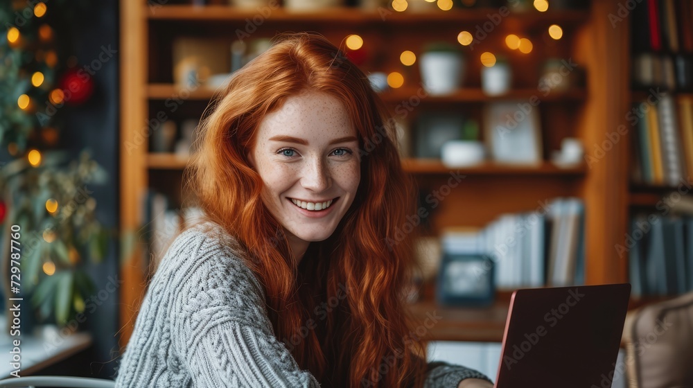 Young red-haired successful business woman 20 years old, dressed in casual clothes, holding on to using a laptop computer, studying, working or shopping remotely at home using a laptop.