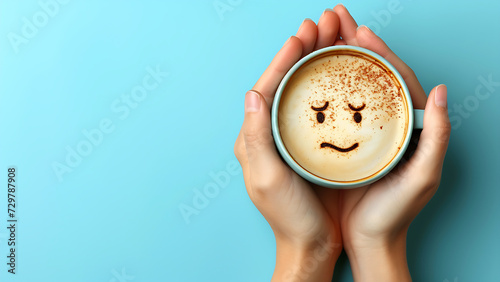 a woman holds a cup of coffee, a sad face drawn with cocoa powder on her milk foam. photo