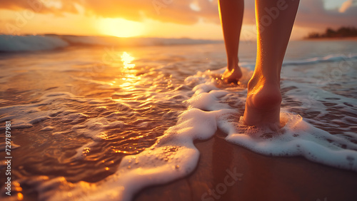 a woman's feet walking on the beach with a sunset.