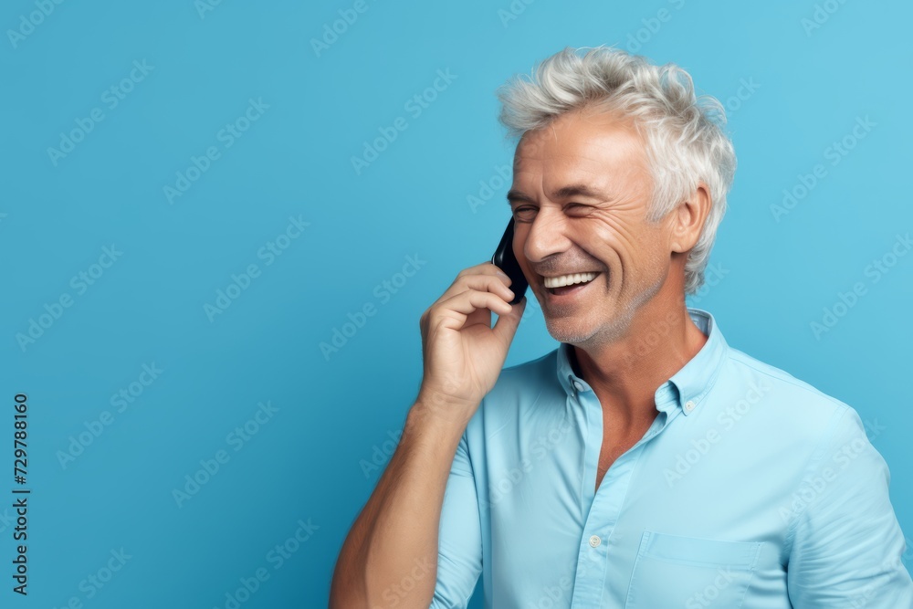 Cheerful senior man talking on the phone and smiling while standing against blue background Cheerful senior man talking on the phone and smiling while standing against blue background