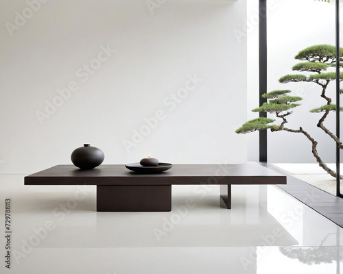 Minimalistic Zen Gallery - Professional close-up photo of sleek furniture and Zen garden with Japanese aesthetics Gen AI photo