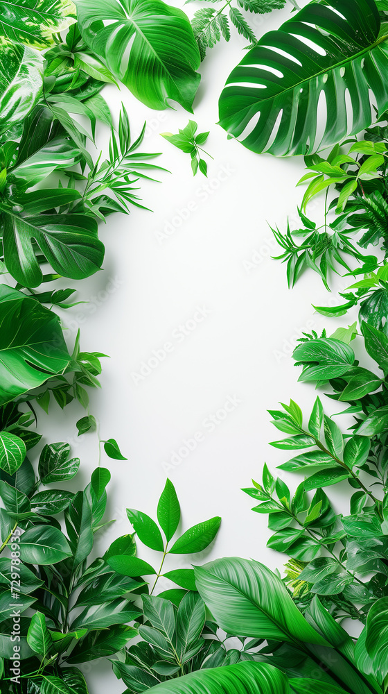 Vertical Green Leaves Border on White Background Vertical Green Leaves Border on White Background