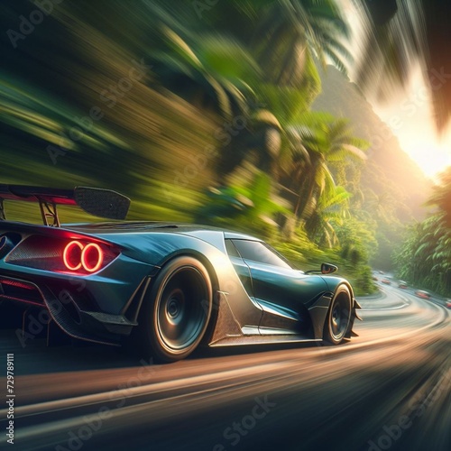 Sports car driving on the road in forest 