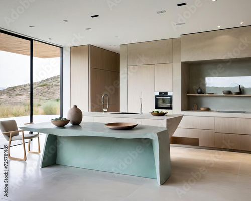 Eco-Friendly Minimalist Gallery Interior with Spacious Kitchen Island and Sculptural Furniture Gen AI photo