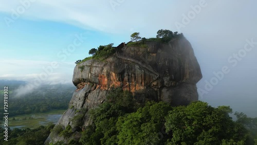Aerial view of Sigiriya or Lion Rock in Sri Lanka. An ancient rock fortress among the clouds