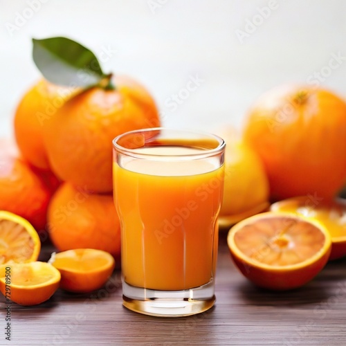 Glass of beautiful fresh orange juice in the center and around large oranges on the table, white neutral background