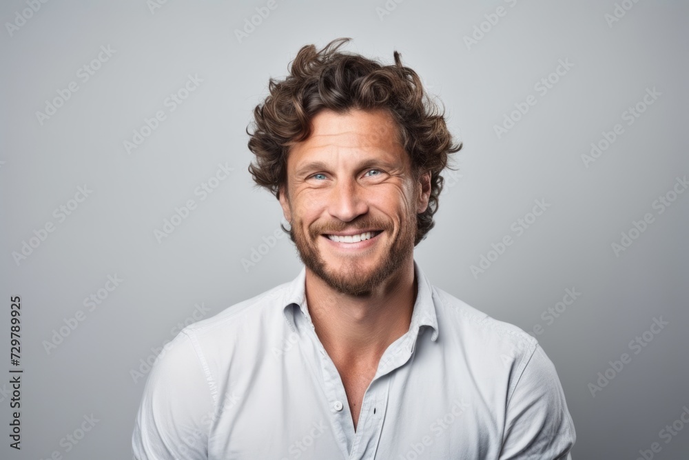 Portrait of a handsome man smiling at the camera while standing against grey background Portrait of a handsome man smiling at the camera while standing against grey background