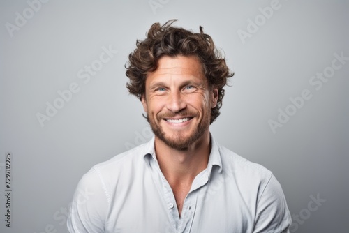 Portrait of a handsome man smiling at the camera while standing against grey background © Chacmool