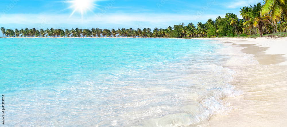 Tropical paradise island panoramic view, sea sand beach panorama, exotic nature, ocean water, wave, palm tree, sun sky cloud, beautiful Caribbean landscape, Maldives, Thailand, summer holiday vacation