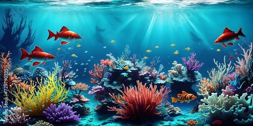 Fantastic underwater world with fish and seaweed, multicolor illustration, ai generated photo