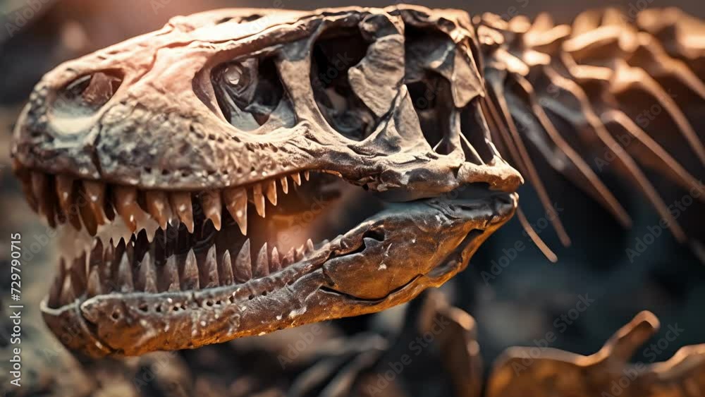 A closeup of a dinosaur skull fossil showing intricate details of teeth and bone structure that can reveal the animals diet and physical adaptations. A closeup of a dinosaur skull fossil showing intricate details of teeth and bone structure that can reveal the animals diet and physical adaptations.