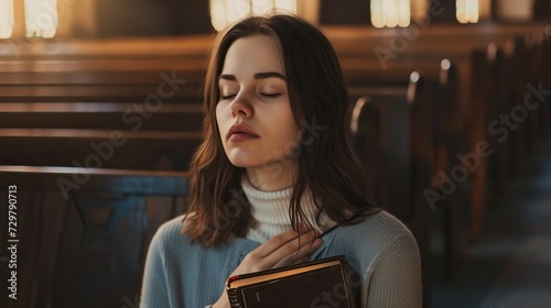 Valokuva Young woman holding a holy bible in the church