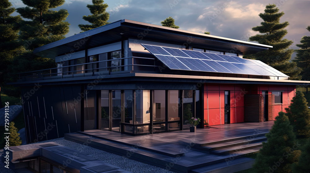 Modern house design with solar pannels. Created with Ai