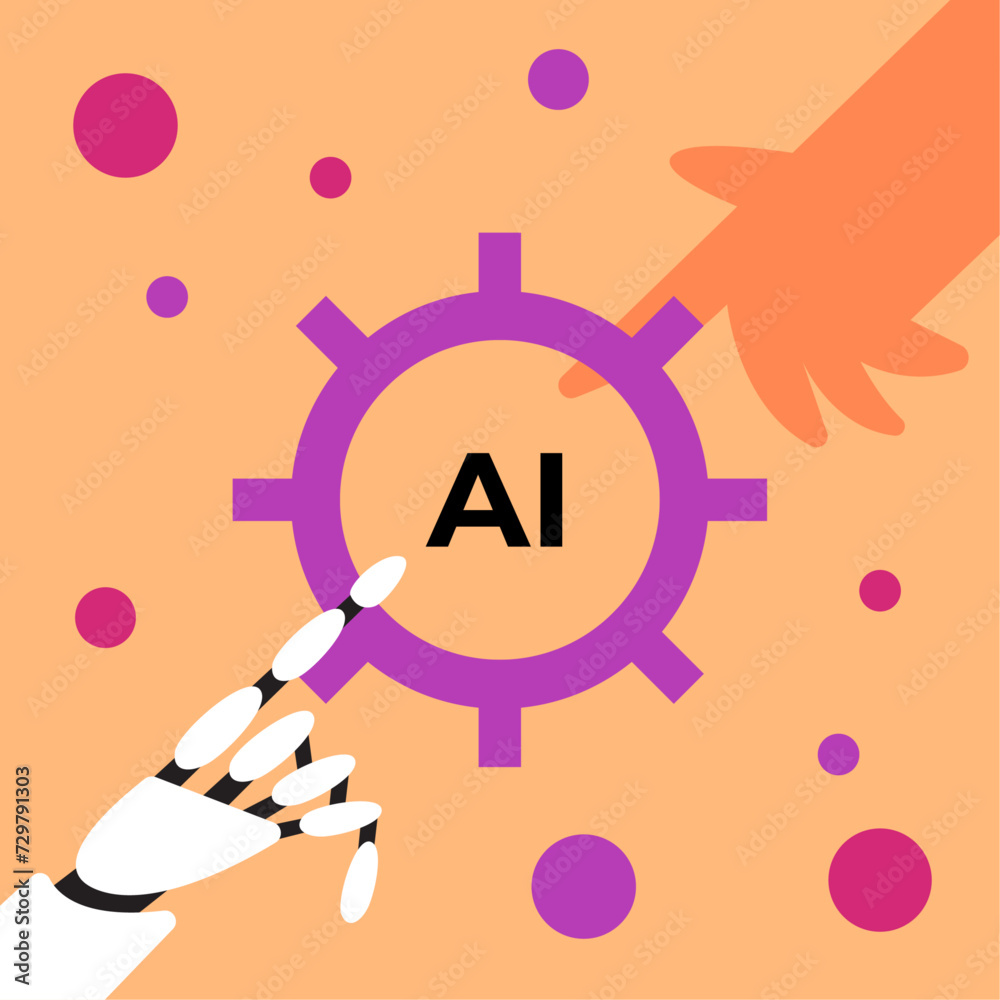 Obraz premium Automation with AI. Quality control of artificial intelligence. Robot tester finds and looks for errors in a human program. Flat vector illustration.