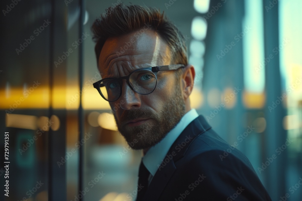 A man's intense gaze cuts through the corporate blur, embodying ambition amidst the metropolitan glimmer.
A man's intense gaze cuts through the corporate blur, embodying ambition amidst the metropolitan glimmer.