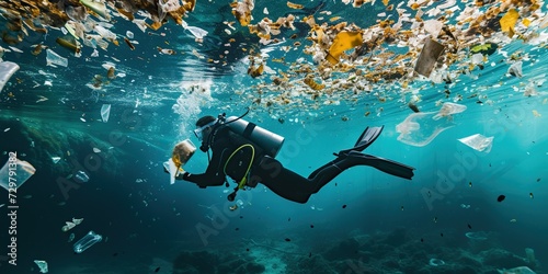 Scuba diver diving in the poluted ocean photo