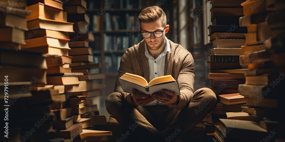 © KhaizanGraphic - Geek man reading book in the library