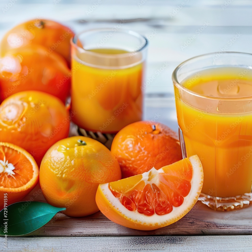 Two glasses of fresh fresh orange juice and large oranges on the table against a neutral background Two glasses of fresh fresh orange juice and large oranges on the table against a neutral background