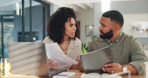 Wallpaper Mural Couple, laptop and paperwork or stress conversation for online agreement, mortgage or expenses. Man, woman and document or confused with finances for internet bills for house, explain or insurance Torontodigital.ca