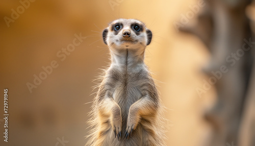An attentive meerkat stands upright on its hind legs, vigilantly scanning its surroundings with a soft, sandy background