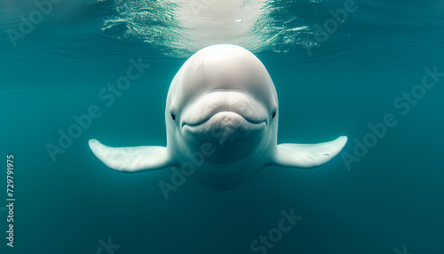 A serene beluga whale with a friendly appearance swims towards the viewer in the clear blue waters of its marine habitat