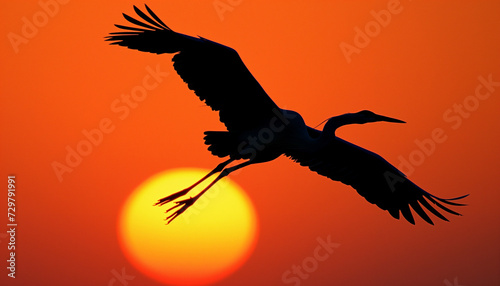 A heron is silhouetted against a warm orange sunset sky, with its wings fully spread as it glides peacefully through the air