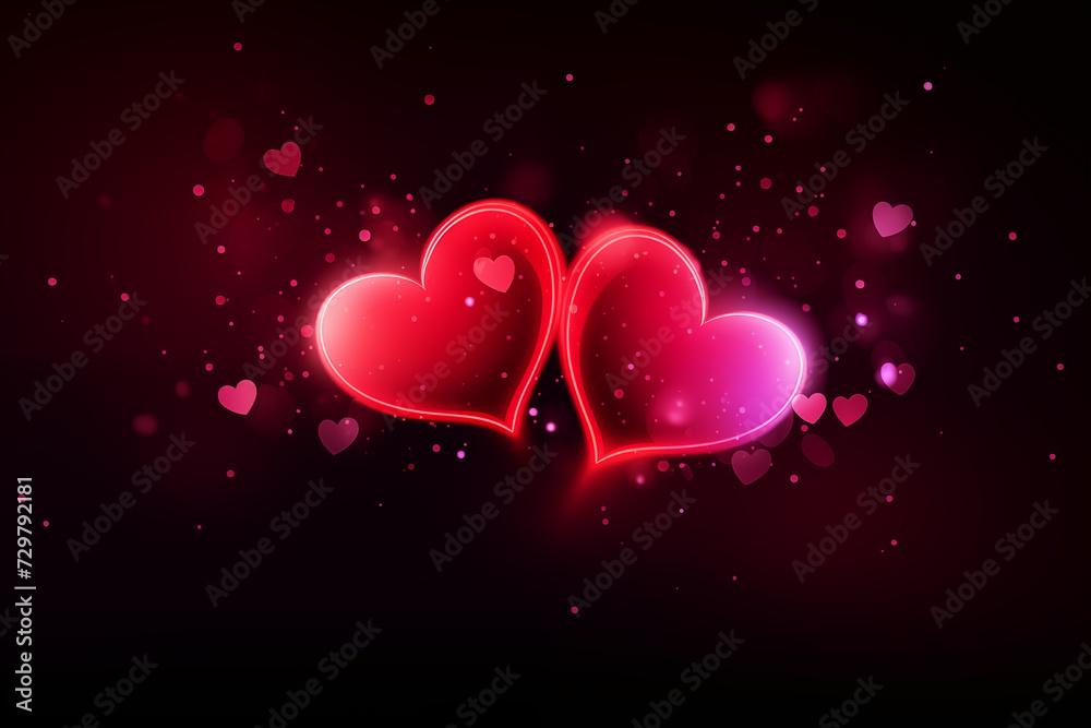 On a dark background, there is a glowing hearts for Valentine's Day. Generative AI. On a dark background, there is a glowing hearts for Valentine's Day. Generative AI.
