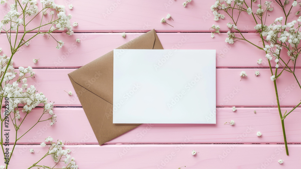 White Greeting Card Mockup and brown envelope with gypsophila flowers on pink wooden table background. Invitation Card Mockup With Flowers For Special Occasions. Copy space. Top view.
