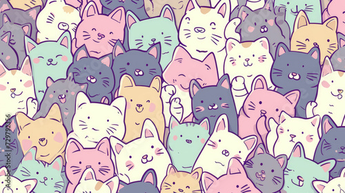 Cute cat background full of little kawaii cats in pastel colors. Kids cartoon background.