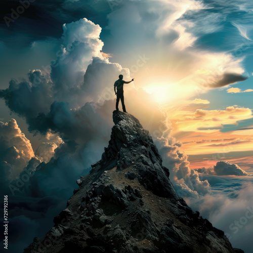 Man standing on top of a mountain and pointing on the sun.  Impressive skies around.  An inspiring photo, conveying courage and determination. © Julia G art