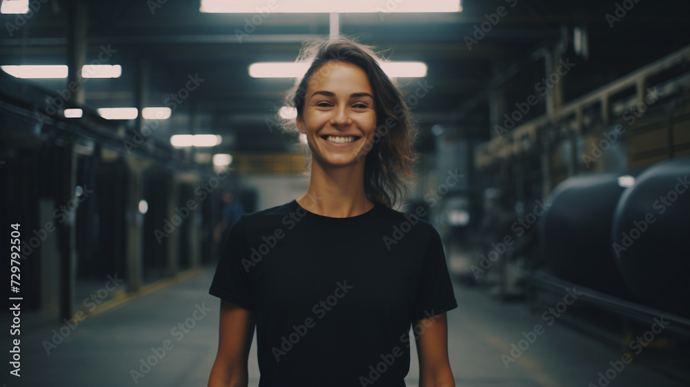 Fototapeta premium woman business owner in black t-shirt standing in industrial plant