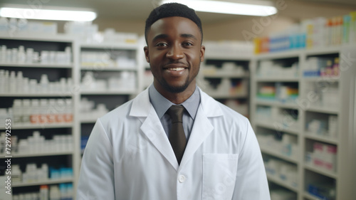 african male pharmacist standing by shelf at the pharmacy store. © sema_srinouljan