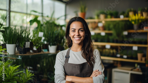 happy young woman standing in her plant shop.