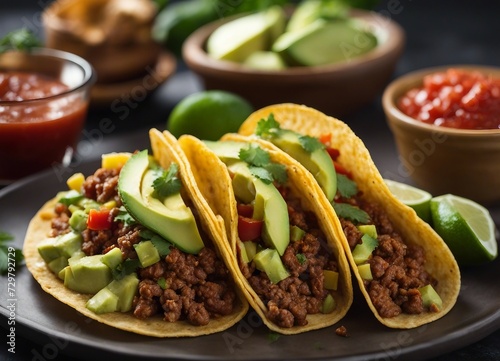 Mexican tacos with minced meat, avocado and guacamole