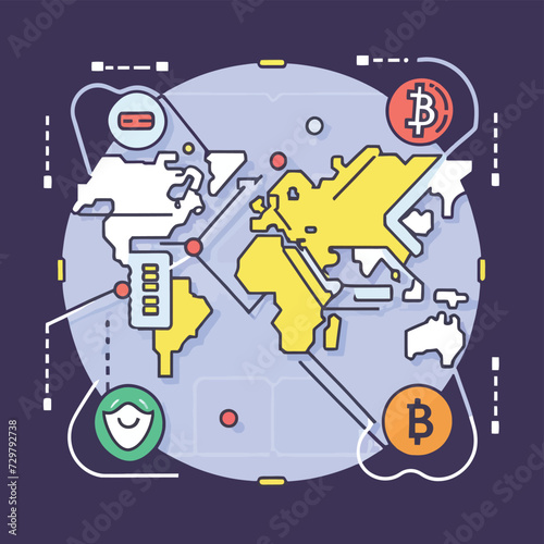 2d vector illustration colorful trading over the world map money bitcoin crypto 
