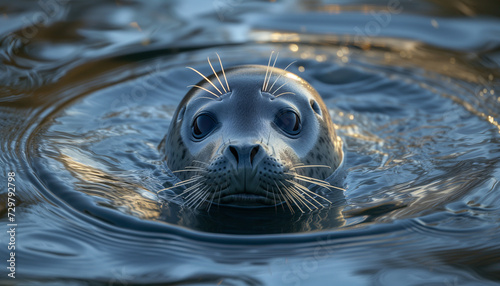 A spotted seal peeks its head above the water's surface, creating gentle ripples around it, with its large, soulful eyes and whiskered face catching the last sunlit reflections of the day