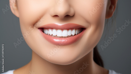 beautiful woman with beautiful smile on grey background. - Teeth whitening.