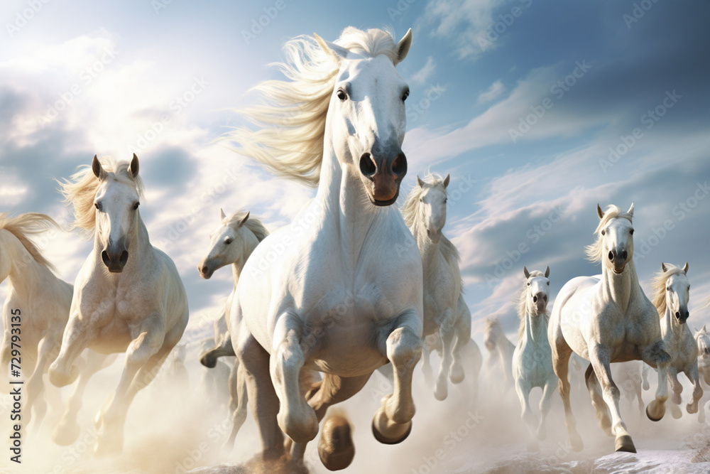 White horses running in the desert. 3d render illustration of horses White horses running in the desert. 3d render illustration of horses