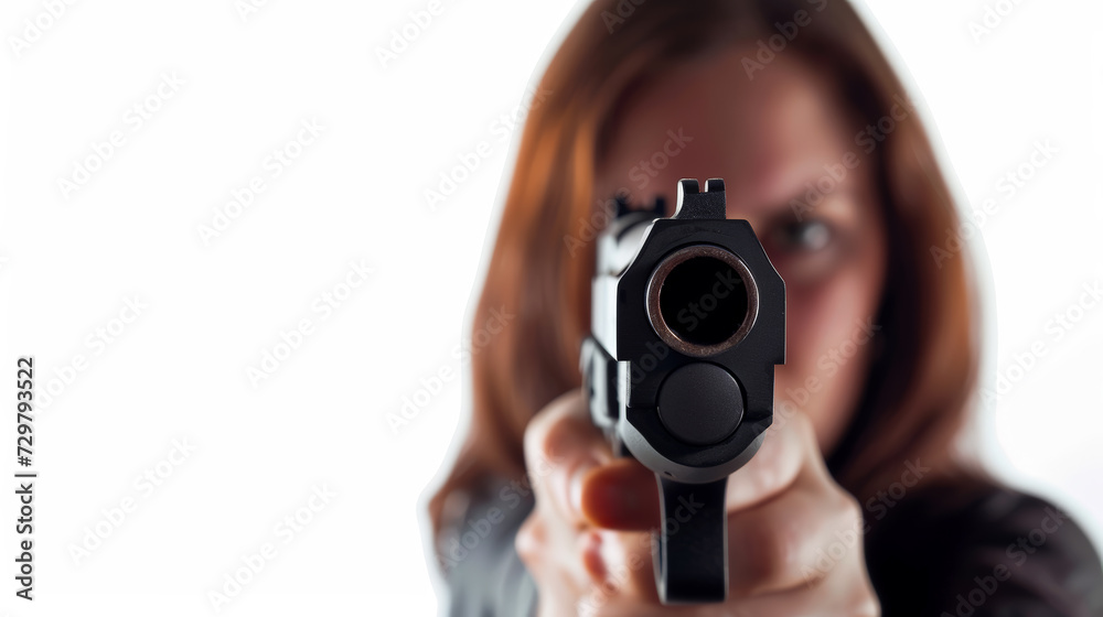 Woman is holding a gun pointed at the camera. Generative AI Woman is holding a gun pointed at the camera. Generative AI